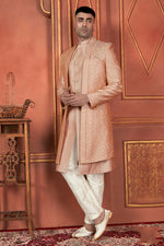 Thumbnail for Raivat Ethnic Mens Art Silk Thread Work Indo Western In Dusty Peach Colour - Dista