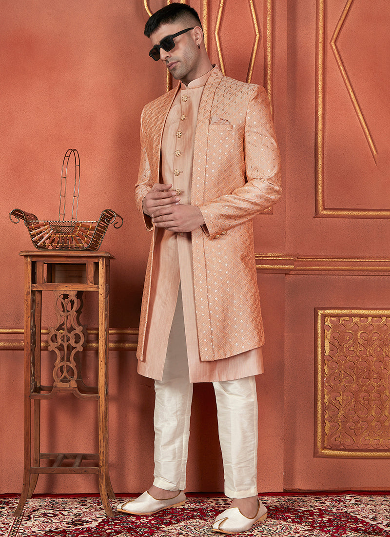 Raivat Ethnic Mens Art Silk Thread Work Indo Western In Dusty Peach Colour - Dista