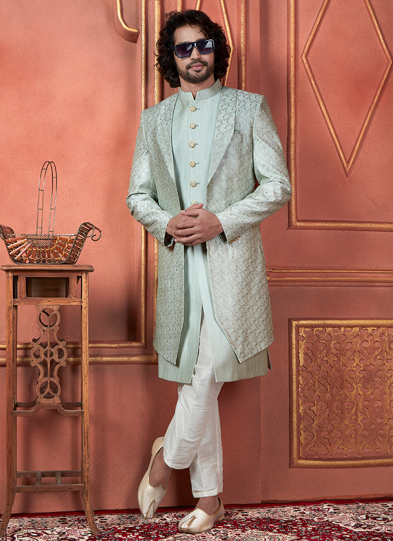 Raivat Ethnic Mens Art Silk Thread Work Indo Western In Pista Green Colour - Dista