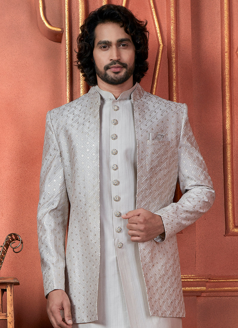 Raivat Ethnic Mens Art Silk Thread Work Indo Western In Grey Colour - Dista