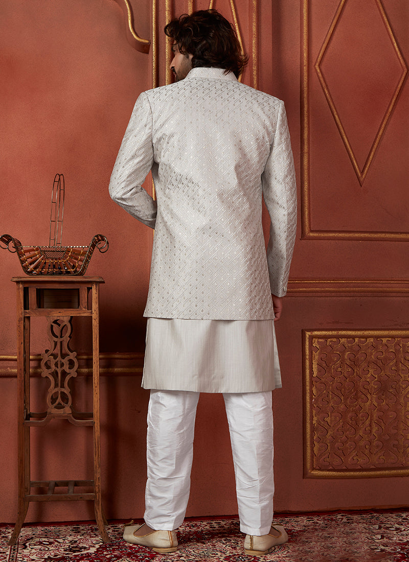 Raivat Ethnic Mens Art Silk Thread Work Indo Western In Grey Colour - Dista