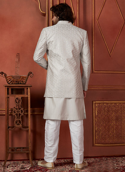 Raivat Ethnic Mens Art Silk Thread Work Indo Western In Grey Colour - Dista