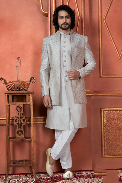 Raivat Ethnic Mens Art Silk Thread Work Indo Western In Grey Colour - Dista