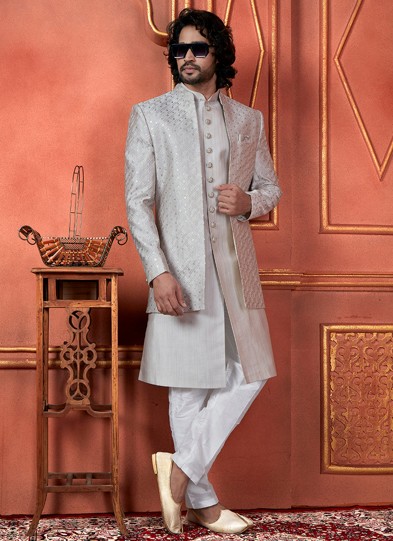 Raivat Ethnic Mens Art Silk Thread Work Indo Western In Grey Colour - Dista