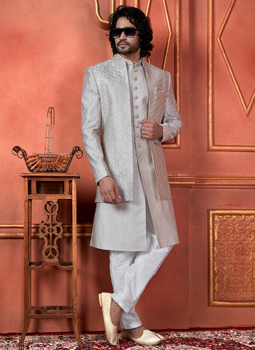 Raivat Ethnic Mens Art Silk Thread Work Indo Western In Grey Colour - Dista