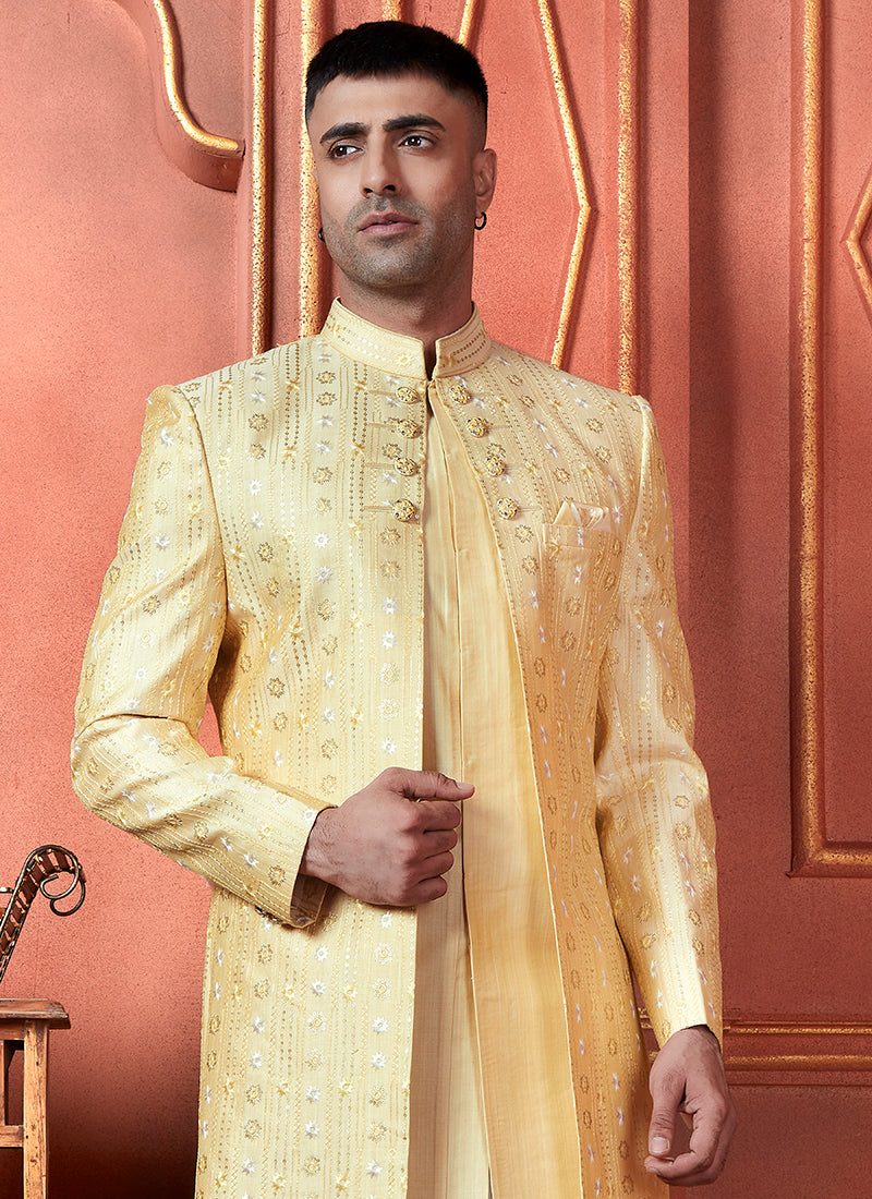 Raivat Ethnic Mens Art Silk Thread Work Indo Western In Yellow Colour - Dista