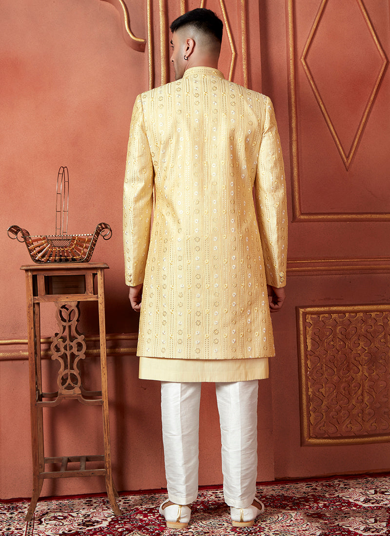 Raivat Ethnic Mens Art Silk Thread Work Indo Western In Yellow Colour - Dista