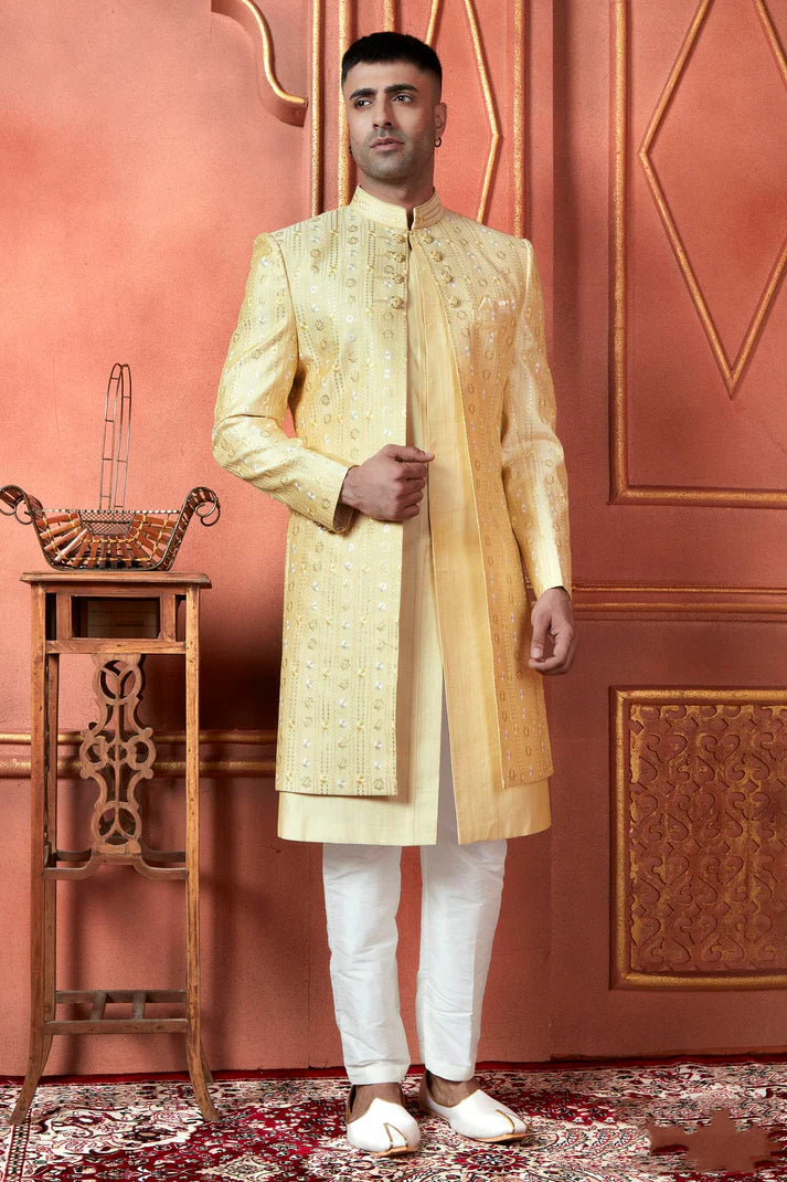 Raivat Ethnic Mens Art Silk Thread Work Indo Western In Yellow Colour - Dista
