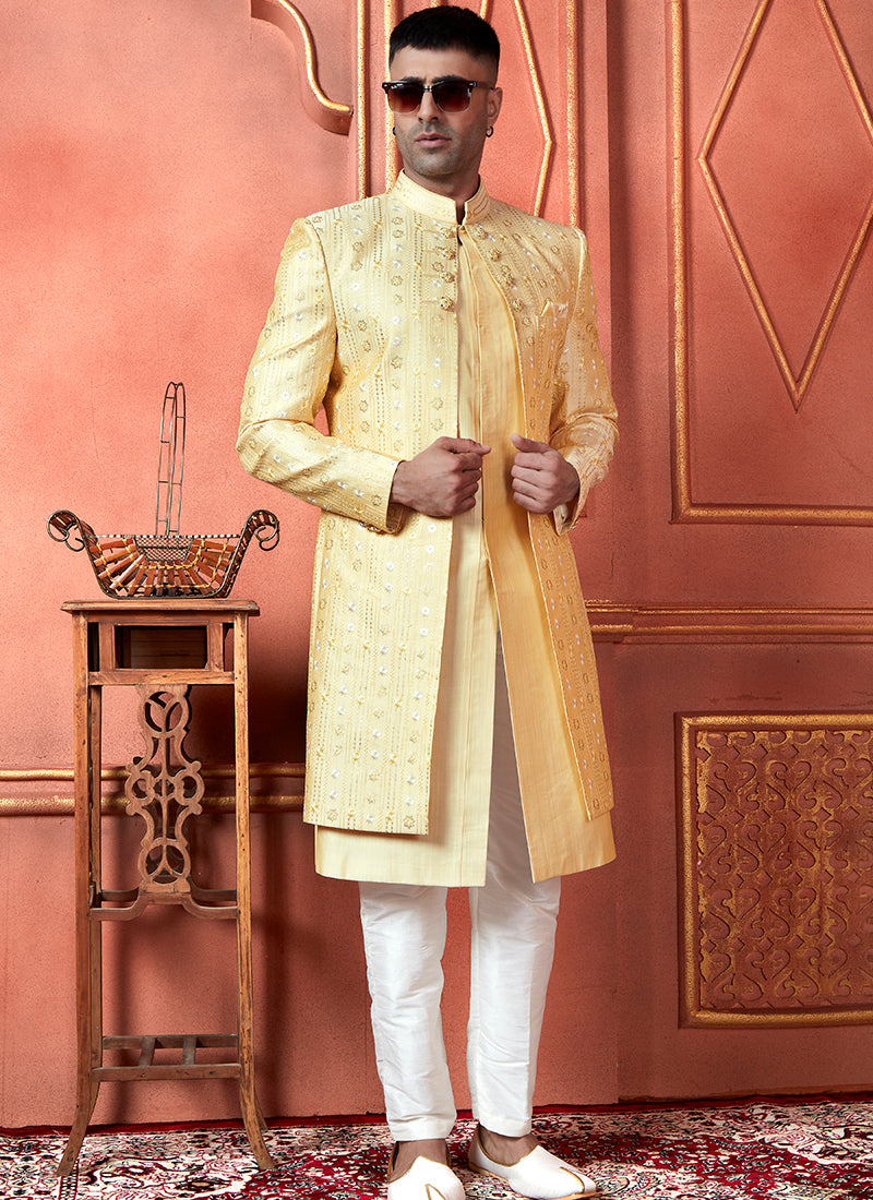 Raivat Ethnic Mens Art Silk Thread Work Indo Western In Yellow Colour - Dista