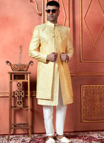 Thumbnail for Raivat Ethnic Mens Art Silk Thread Work Indo Western In Yellow Colour - Dista