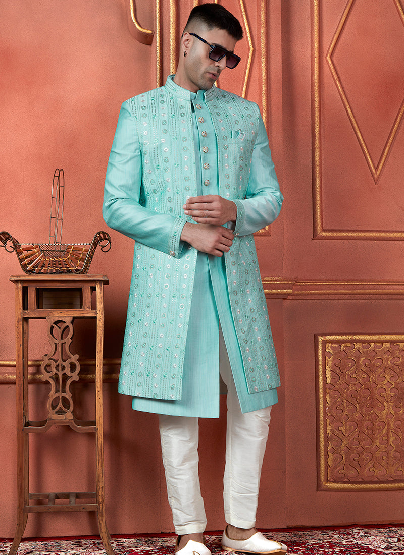 Raivat Ethnic Mens Art Silk Thread Work Indo Western In Pista Green Colour - Dista