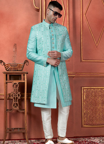 Raivat Ethnic Mens Art Silk Thread Work Indo Western In Pista Green Colour - Dista