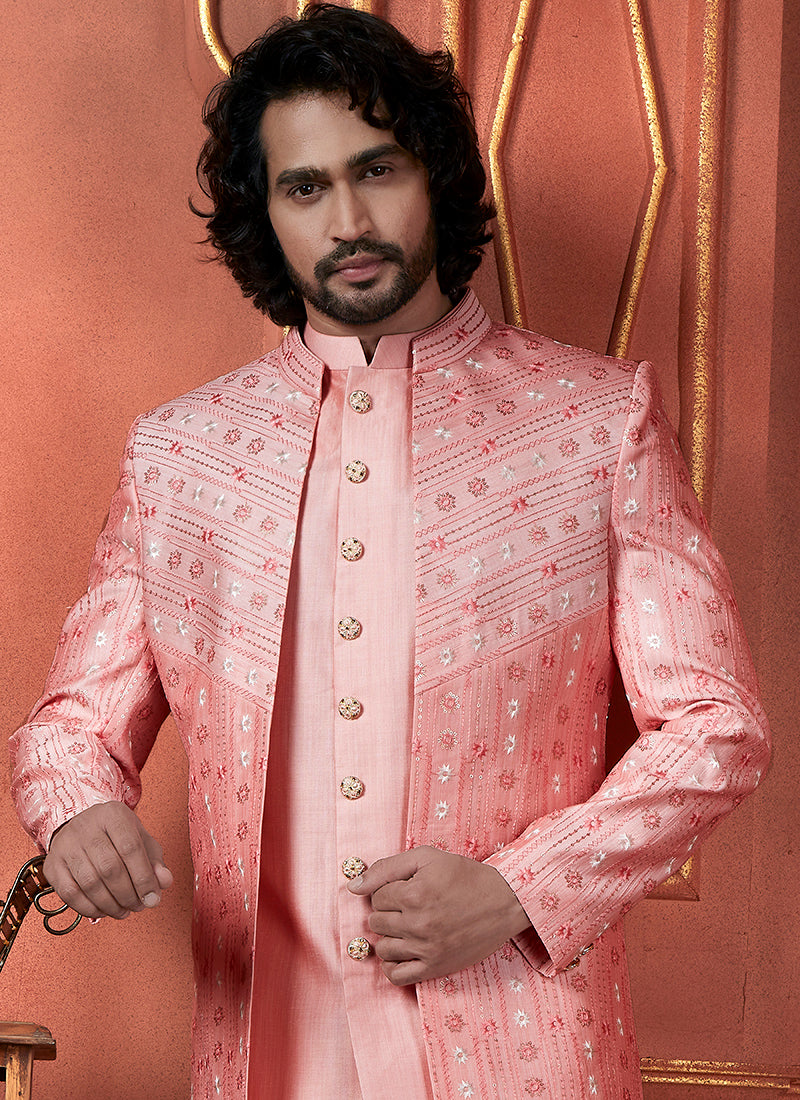 Raivat Ethnic Mens Art Silk Thread Work Indo Western In Pink Colour - Dista