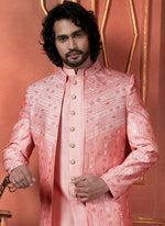 Thumbnail for Raivat Ethnic Mens Art Silk Thread Work Indo Western In Pink Colour - Dista