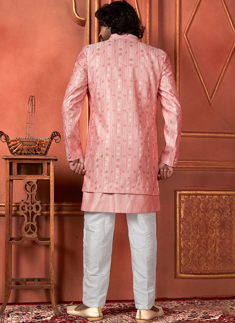 Raivat Ethnic Mens Art Silk Thread Work Indo Western In Pink Colour - Dista