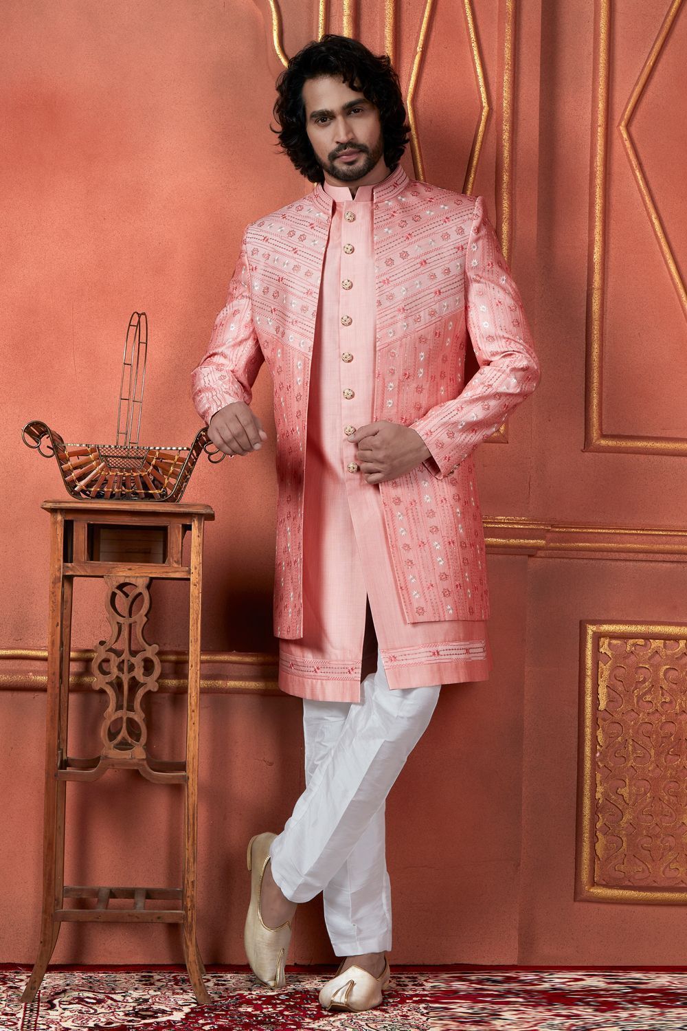Raivat Ethnic Mens Art Silk Thread Work Indo Western In Pink Colour - Dista