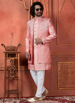 Thumbnail for Raivat Ethnic Mens Art Silk Thread Work Indo Western In Pink Colour - Dista
