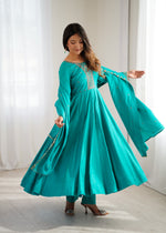 Thumbnail for Lorenvalley Fashion Rama Roman Shimmer Silk Yoke Fancy Handwork Beads Work Anarkali Gown Pant With Dupatta Set - Distacart