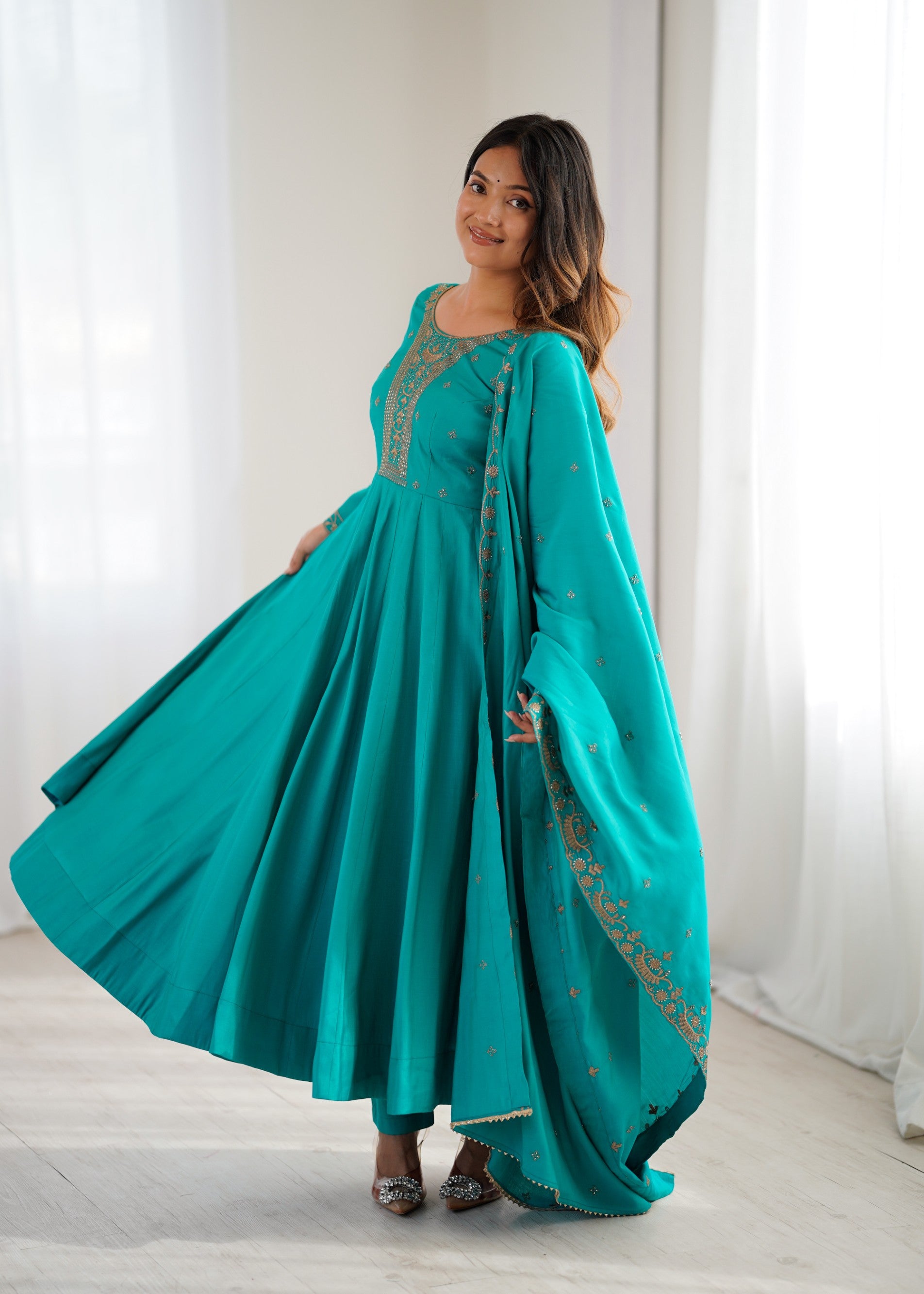 Lorenvalley Fashion Rama Roman Shimmer Silk Yoke Fancy Handwork Beads Work Anarkali Gown Pant With Dupatta Set - Distacart