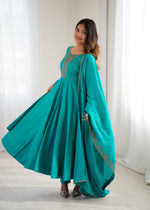 Thumbnail for Lorenvalley Fashion Rama Roman Shimmer Silk Yoke Fancy Handwork Beads Work Anarkali Gown Pant With Dupatta Set - Distacart