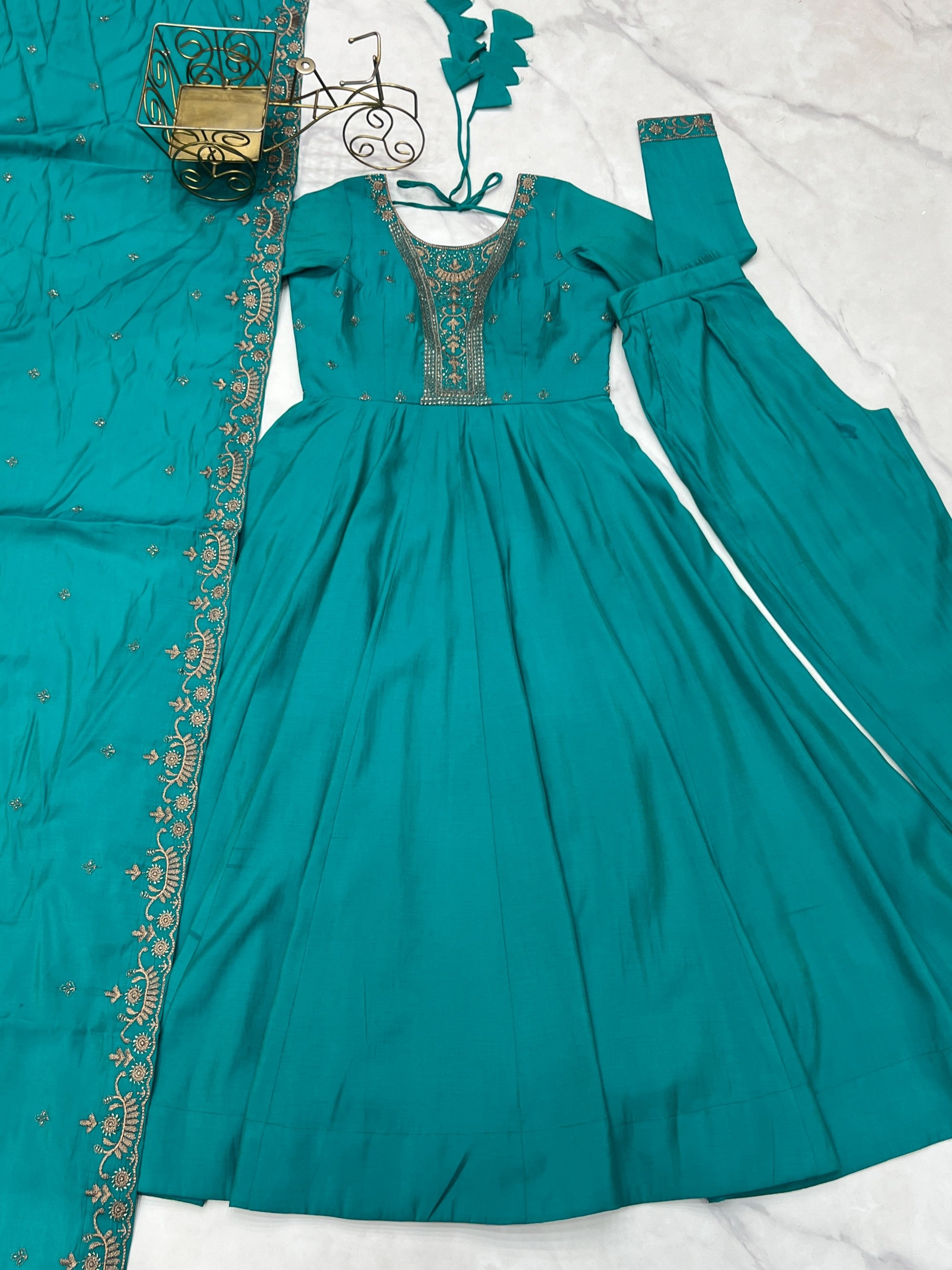 Lorenvalley Fashion Rama Roman Shimmer Silk Yoke Fancy Handwork Beads Work Anarkali Gown Pant With Dupatta Set - Distacart