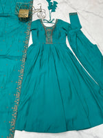 Thumbnail for Lorenvalley Fashion Rama Roman Shimmer Silk Yoke Fancy Handwork Beads Work Anarkali Gown Pant With Dupatta Set - Distacart