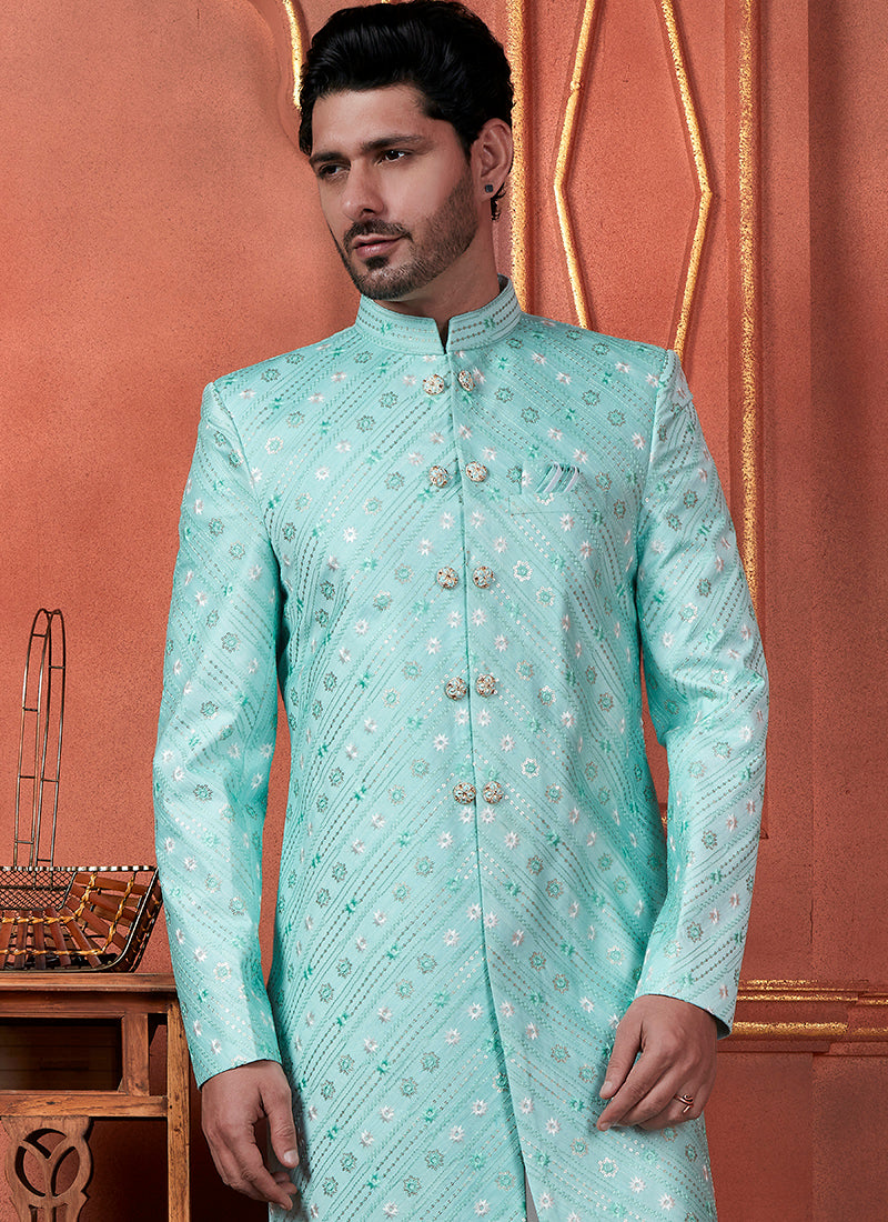 Raivat Ethnic Mens Art Silk Thread Work Indo Western In Green Colour - Dista
