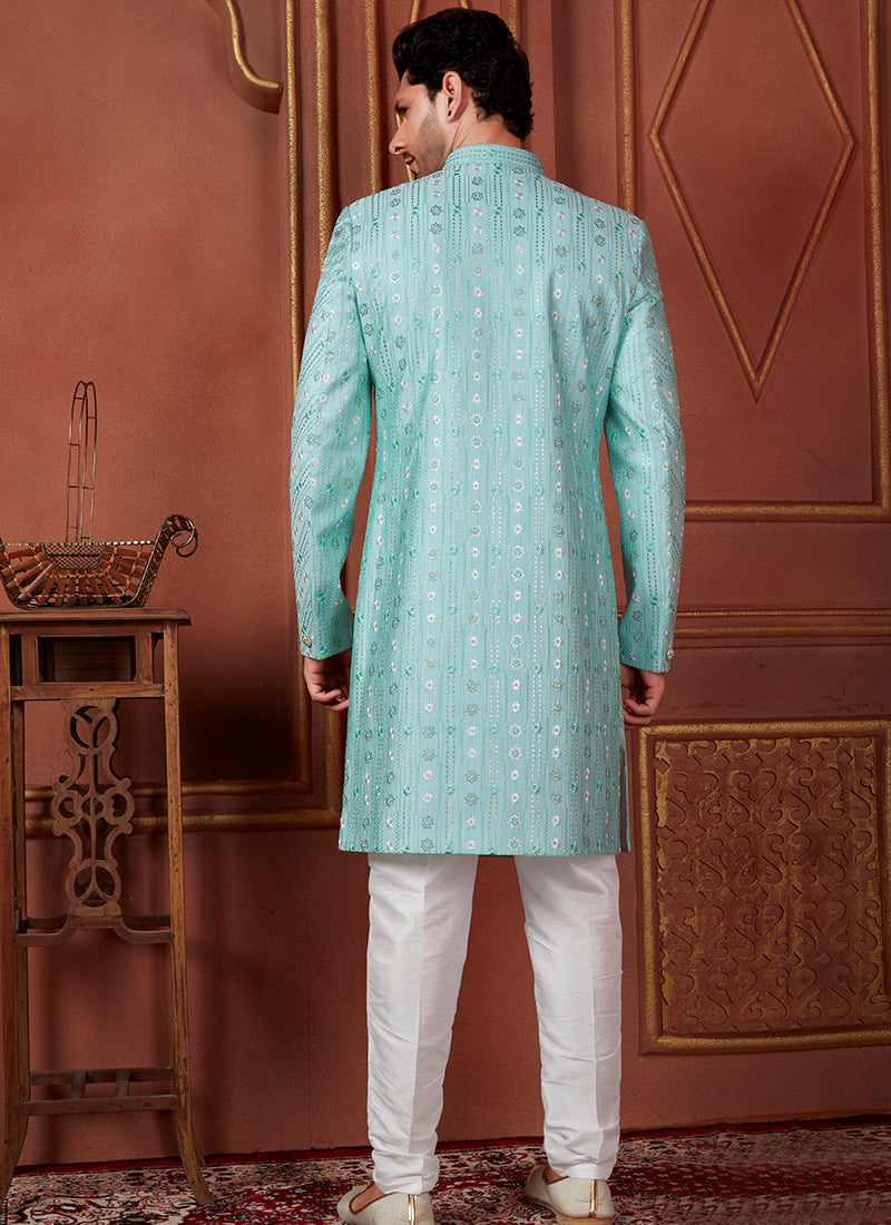 Raivat Ethnic Mens Art Silk Thread Work Indo Western In Green Colour - Dista