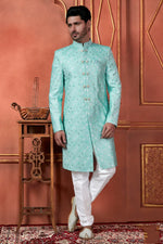 Thumbnail for Raivat Ethnic Mens Art Silk Thread Work Indo Western In Green Colour - Dista