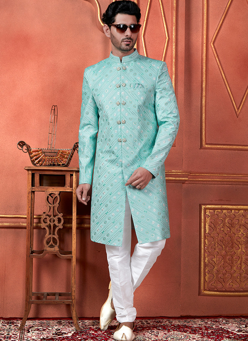 Raivat Ethnic Mens Art Silk Thread Work Indo Western In Green Colour - Dista