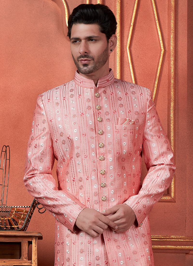 Raivat Ethnic Mens Art Silk Thread Work Indo Western In Pink Colour - Dista