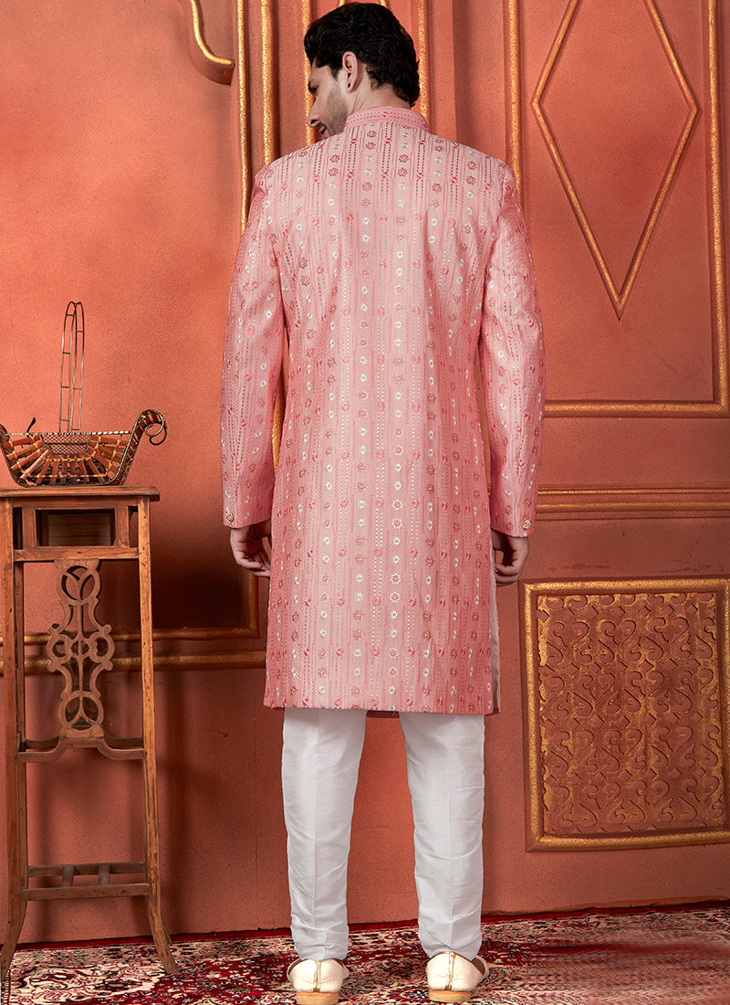 Raivat Ethnic Mens Art Silk Thread Work Indo Western In Pink Colour - Dista