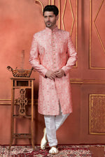 Thumbnail for Raivat Ethnic Mens Art Silk Thread Work Indo Western In Pink Colour - Dista