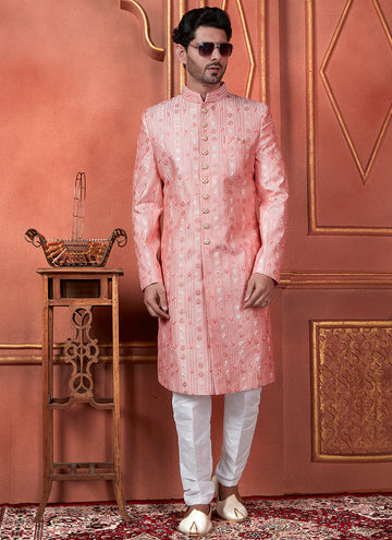 Raivat Ethnic Mens Art Silk Thread Work Indo Western In Pink Colour - Dista