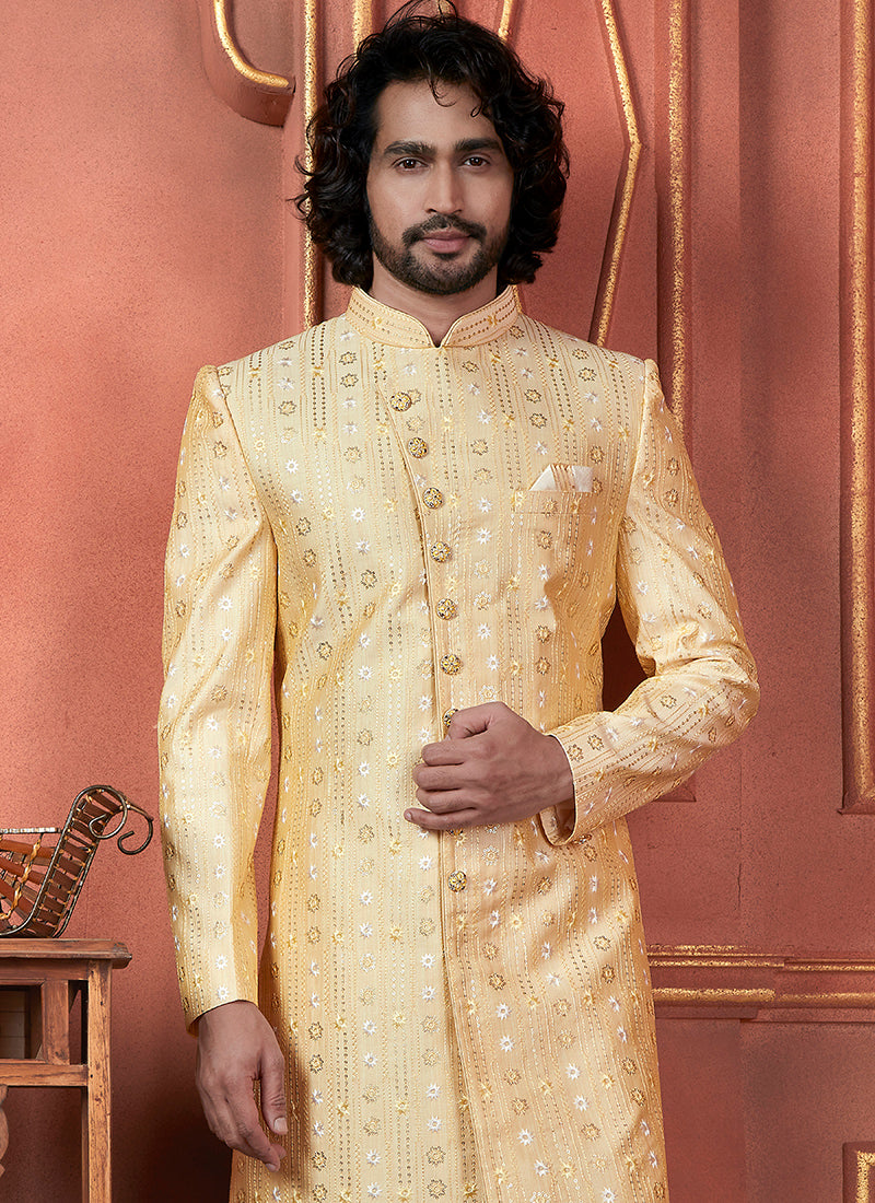 Raivat Ethnic Mens Art Silk Thread Work Indo Western In Yellow Colour - Dista
