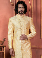 Thumbnail for Raivat Ethnic Mens Art Silk Thread Work Indo Western In Yellow Colour - Dista