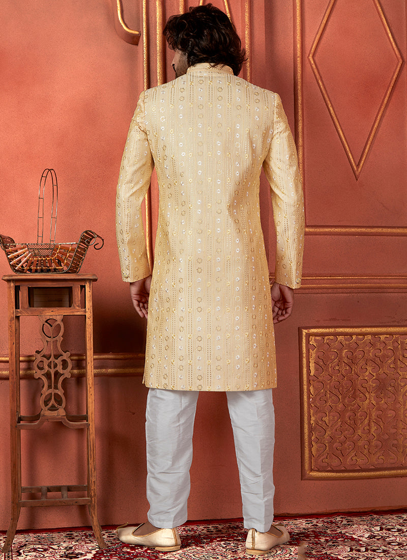 Raivat Ethnic Mens Art Silk Thread Work Indo Western In Yellow Colour - Dista