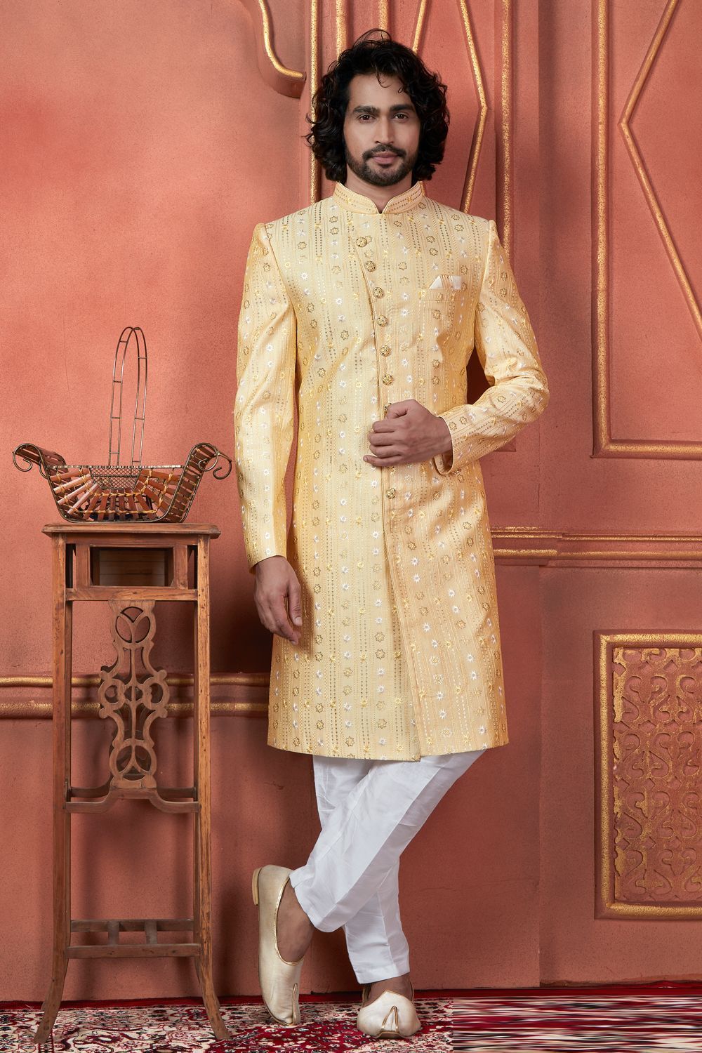 Raivat Ethnic Mens Art Silk Thread Work Indo Western In Yellow Colour - Dista