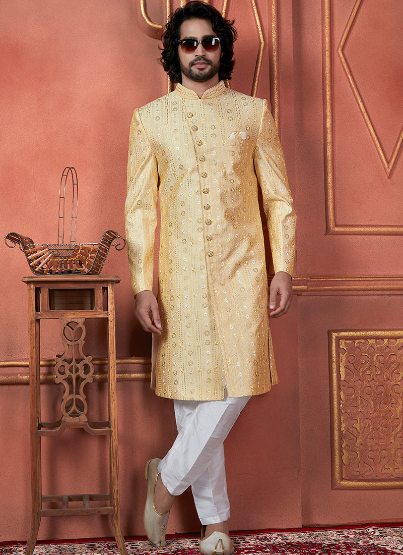 Raivat Ethnic Mens Art Silk Thread Work Indo Western In Yellow Colour - Dista