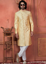 Thumbnail for Raivat Ethnic Mens Art Silk Thread Work Indo Western In Yellow Colour - Dista