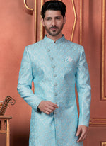 Thumbnail for Raivat Ethnic Mens Art Silk Thread Work Indo Western In Blue Colour - Dista