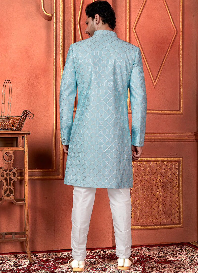 Raivat Ethnic Mens Art Silk Thread Work Indo Western In Blue Colour - Dista