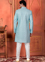Thumbnail for Raivat Ethnic Mens Art Silk Thread Work Indo Western In Blue Colour - Dista
