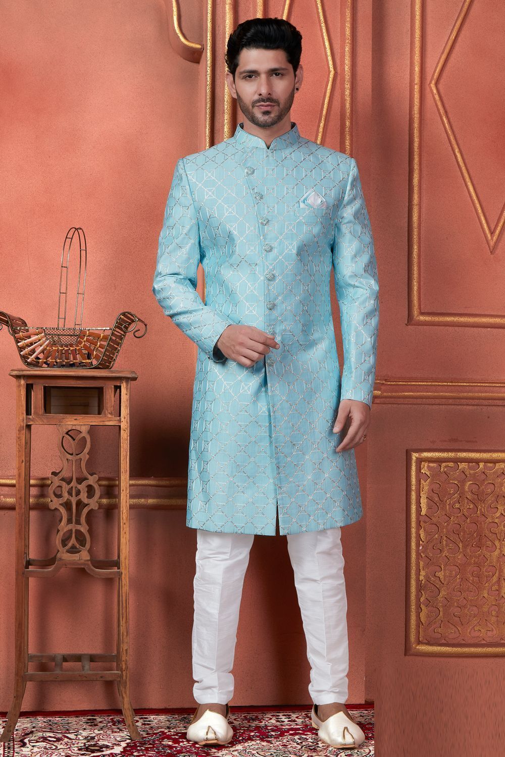 Raivat Ethnic Mens Art Silk Thread Work Indo Western In Blue Colour - Dista