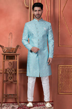 Thumbnail for Raivat Ethnic Mens Art Silk Thread Work Indo Western In Blue Colour - Dista