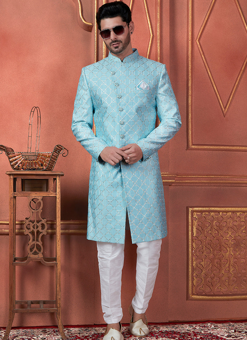 Raivat Ethnic Mens Art Silk Thread Work Indo Western In Blue Colour - Dista