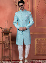 Thumbnail for Raivat Ethnic Mens Art Silk Thread Work Indo Western In Blue Colour - Dista