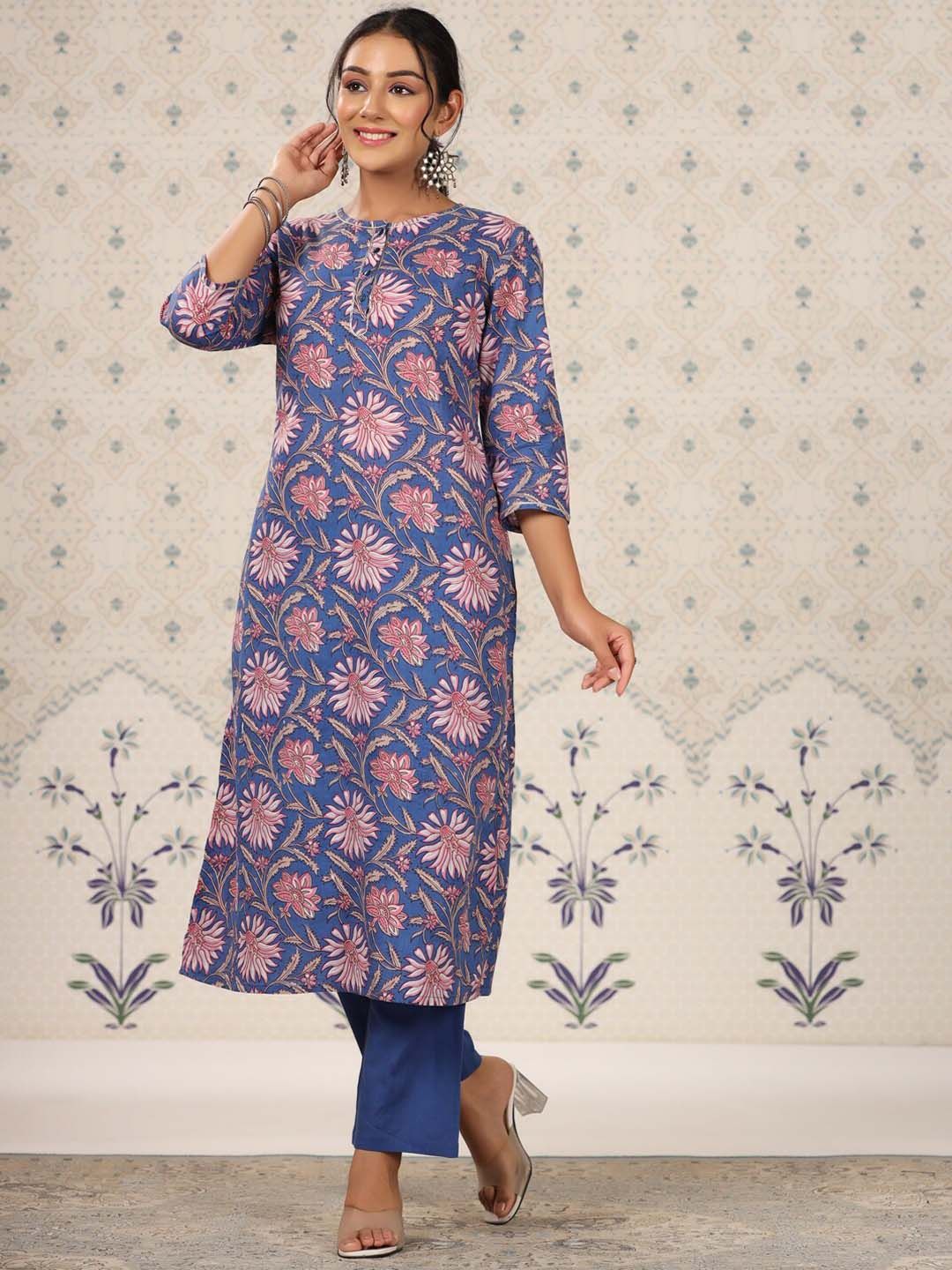 Ode by House of Pataudi Blue Floral Printed Regular Pure Cotton Kurti with Trouser - Distacart