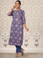 Thumbnail for Ode by House of Pataudi Blue Floral Printed Regular Pure Cotton Kurti with Trouser - Distacart
