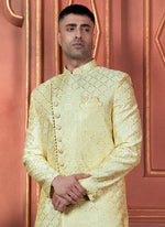 Thumbnail for Raivat Ethnic Mens Art Silk Thread Work Indo Western In Yellow Colour - Dista